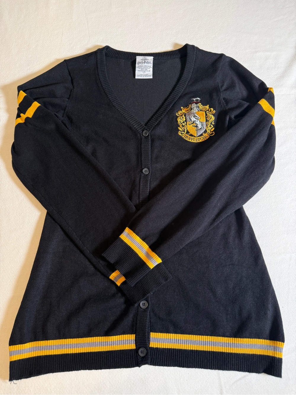 Wizarding World Hufflepuff Crest Black & Yellow Trim Cardigan L